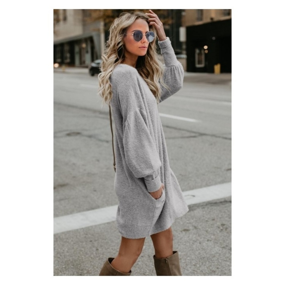 Long Lantern Sleeve Knitted Sweater Dress - Picture 3 of 4